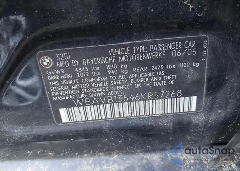 2006 BMW 325I from USA, damaged, VIN WBAVB13546KR57268